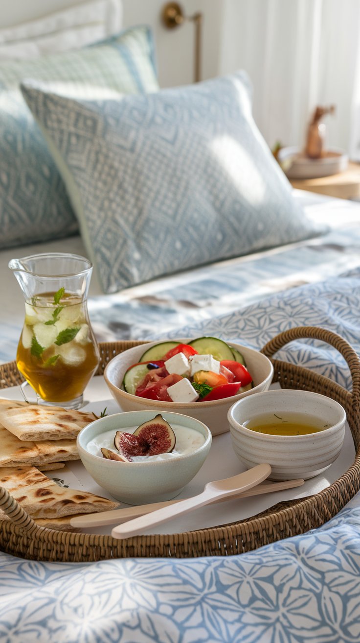 luxurious breakfast in bed, Mediterranean style, light blue and white patterned bedding, woven tray, Greek yogurt with honey and figs, cucumber and tomato salad with feta cheese, warm pita bread, olive oil and herbs for dipping, small carafe of iced herbal tea (mint or lemon verbena), rustic ceramic bowls, wooden utensils