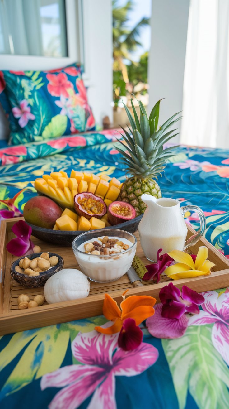 luxurious breakfast in bed, tropical island style, vibrant floral bedding (hibiscus or tropical leaves pattern), bamboo tray, platter of exotic fruits (mango, papaya, pineapple, passion fruit, star fruit), coconut yogurt with granola, macadamia nuts, small pitcher of fresh coconut water, colorful tropical flowers (orchids, hibiscus) scattered on the tray