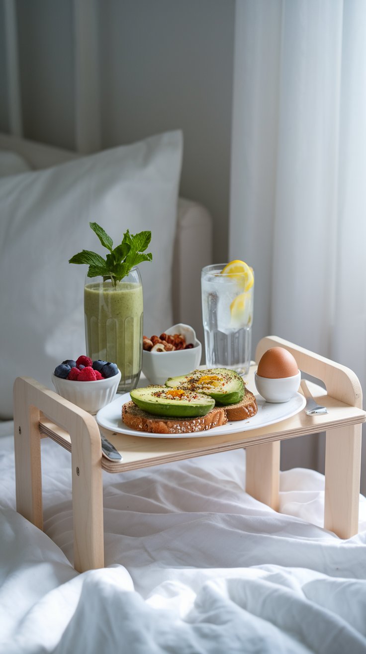 luxurious breakfast in bed, wellness focused, natural light wood tray, light and airy white bedding, green smoothie in a glass with fresh mint, avocado toast on whole wheat bread with everything bagel seasoning, hard-boiled egg sliced in half, small bowl of berries and nuts, glass of lemon water