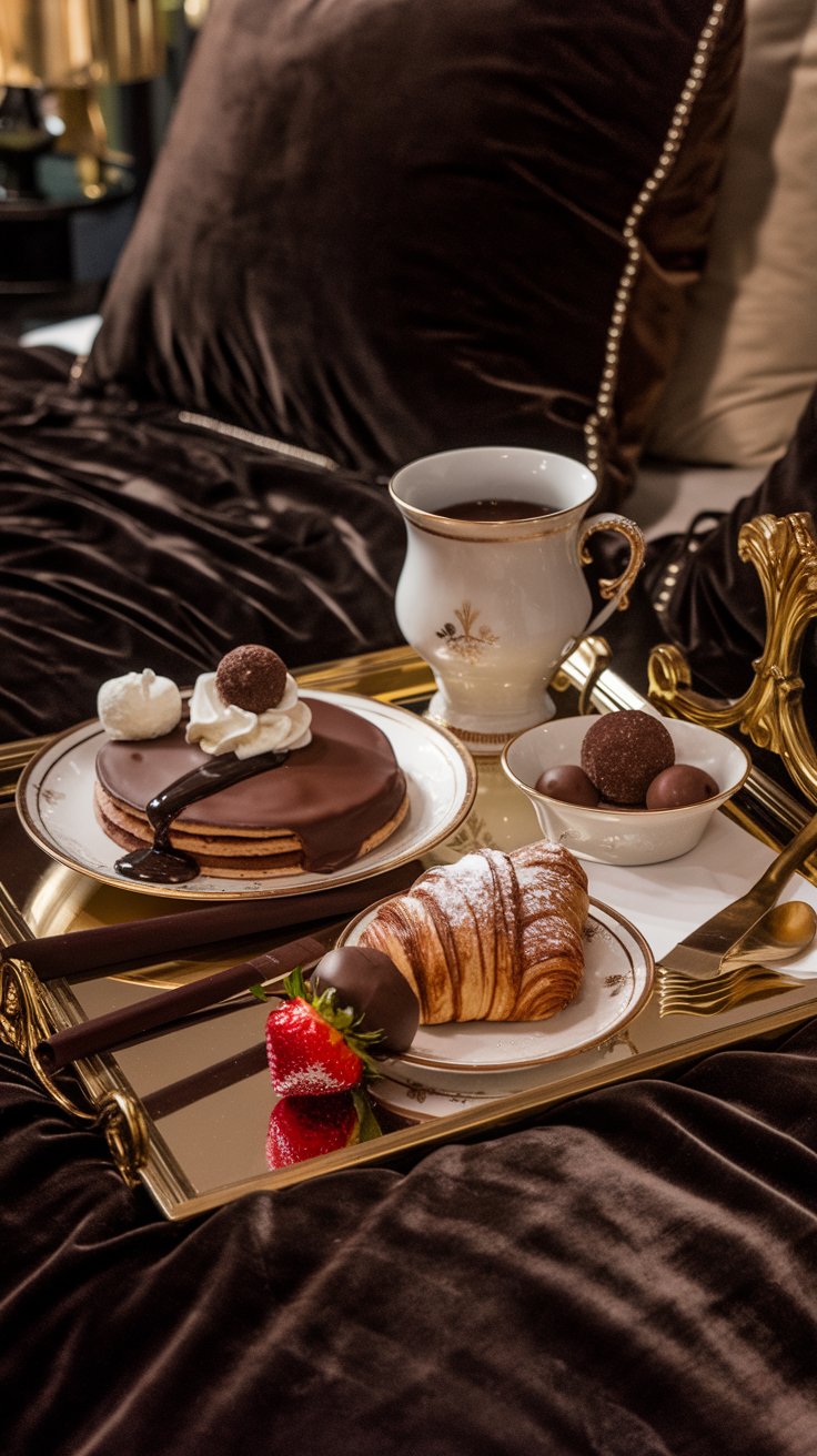 luxurious breakfast in bed, chocolate themed, dark velvet bedding, mirrored tray, chocolate croissants, chocolate pancakes with chocolate sauce and whipped cream, dark chocolate dipped strawberries, hot chocolate in a porcelain mug, chocolate truffles in a small dish, gold cutlery, dimly lit