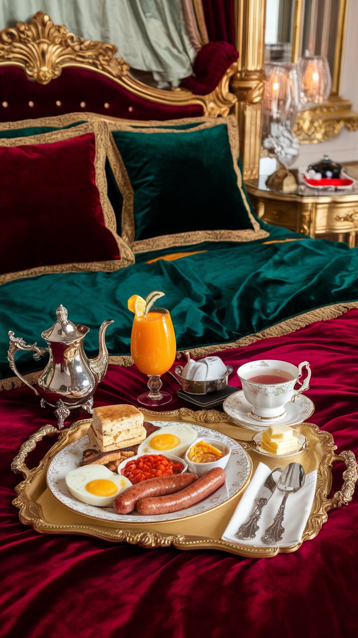 luxurious breakfast in bed, Royal English style, plush velvet bedding (deep red or emerald green), ornate gold tray, full English breakfast (sausages, bacon, eggs, grilled tomatoes, baked beans, mushrooms, toast), silver teapot with English breakfast tea, scones with clotted cream and jam, small dish of lemon curd, fine bone china, ornate silver cutlery, opulent and grand