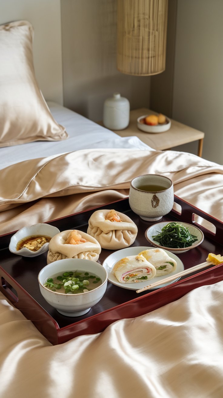 luxurious breakfast in bed, Asian inspired, silk bedding (cream or pale blue), lacquered wooden tray, miso soup in a small bowl with scallions and tofu, steamed bao buns (pork or vegetable), tamagoyaki (Japanese rolled omelet), seaweed salad, small dish of pickled ginger, green tea in a ceramic teacup, chopsticks, minimalist and serene