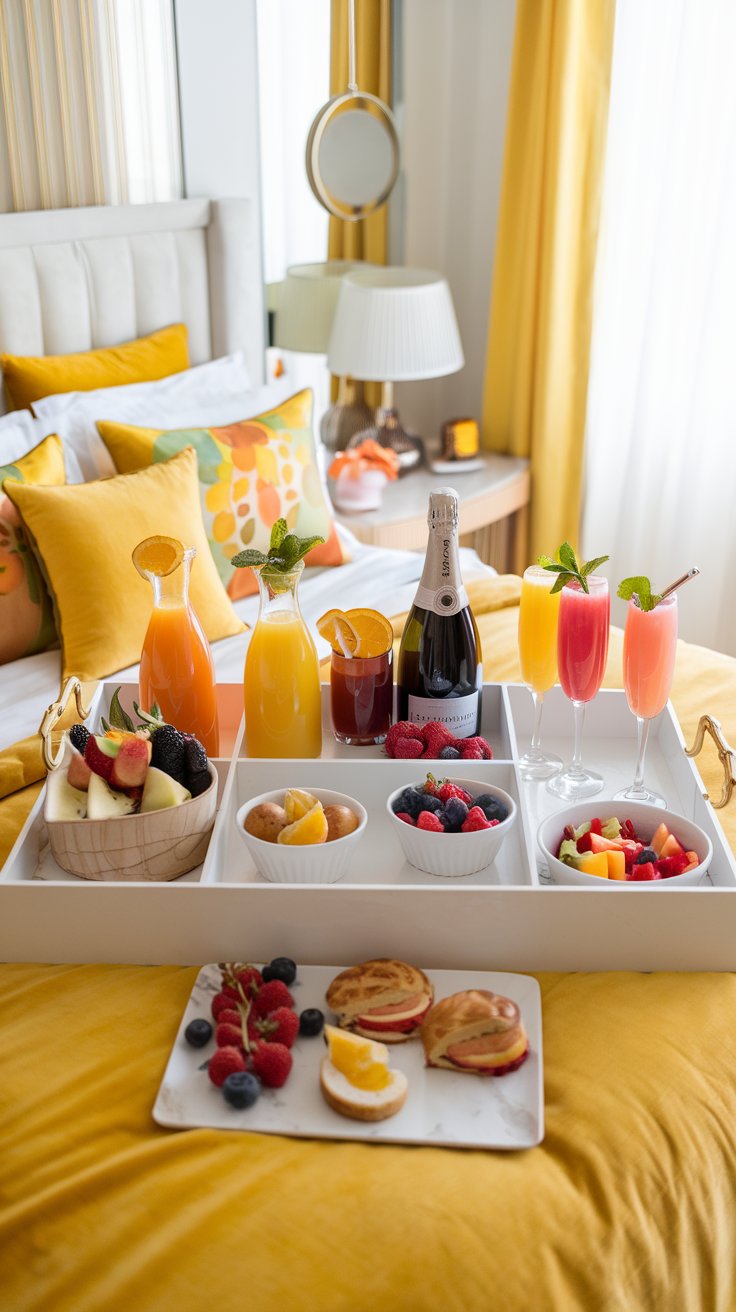 luxurious breakfast in bed, mimosa bar themed, brightly colored bedding (yellow or orange), large tray with compartments, bottles of different fruit juices (orange, grapefruit, pineapple, cranberry), bottle of Prosecco or Champagne, various fresh fruits for garnish (orange slices, berries, mint sprigs), champagne flutes, small bowls of pastries and fruit salad on the side