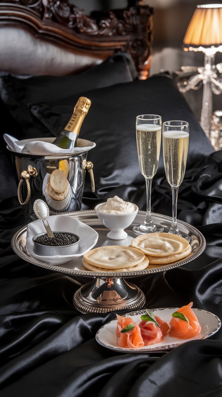 ultra luxurious breakfast in bed, champagne and caviar themed, black silk bedding, silver pedestal tray, small tin of caviar with mother-of-pearl spoon, blinis on a plate, crème fraîche in a small bowl, bottle of chilled champagne in an ice bucket, champagne flutes, small plate of smoked salmon canapés, dimly lit, sophisticated and extravagant
