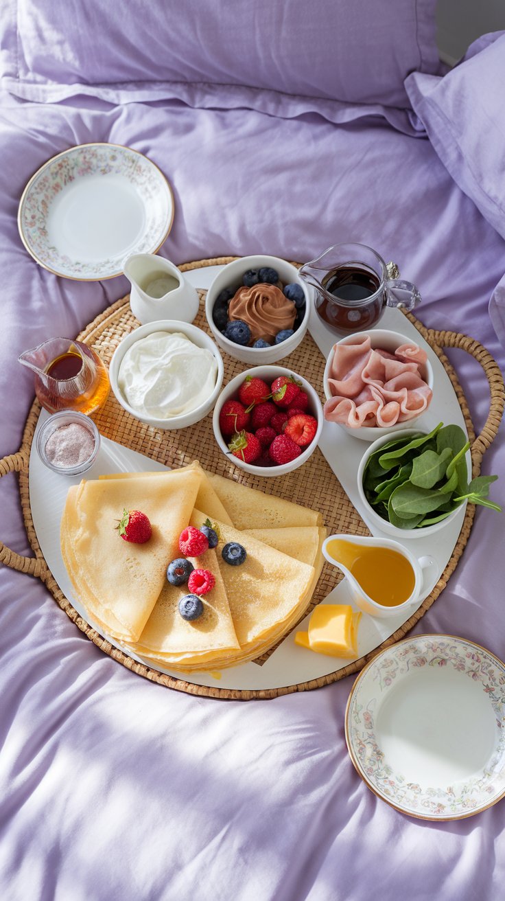 luxurious breakfast in bed, crepe focused, pastel colored bedding (lavender or mint green), round wicker tray, stack of crepes, bowls of various toppings (fresh berries, Nutella, whipped cream, lemon curd, ham, cheese, spinach), small pitcher of maple syrup, small bowl of powdered sugar, glass of sparkling cider or fruit juice, delicate porcelain plates