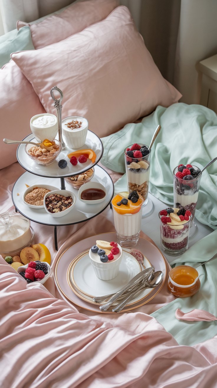 luxurious breakfast in bed, yogurt parfait themed, soft pastel bedding (pale pink or baby blue), tiered serving tray, various types of yogurt (Greek, coconut, vanilla), granola varieties (classic, fruit and nut, chocolate), fresh fruit toppings (berries, banana slices, peaches), dried fruit and nuts, honey and maple syrup, tall parfait glasses, spoons, wholesome and customizable
