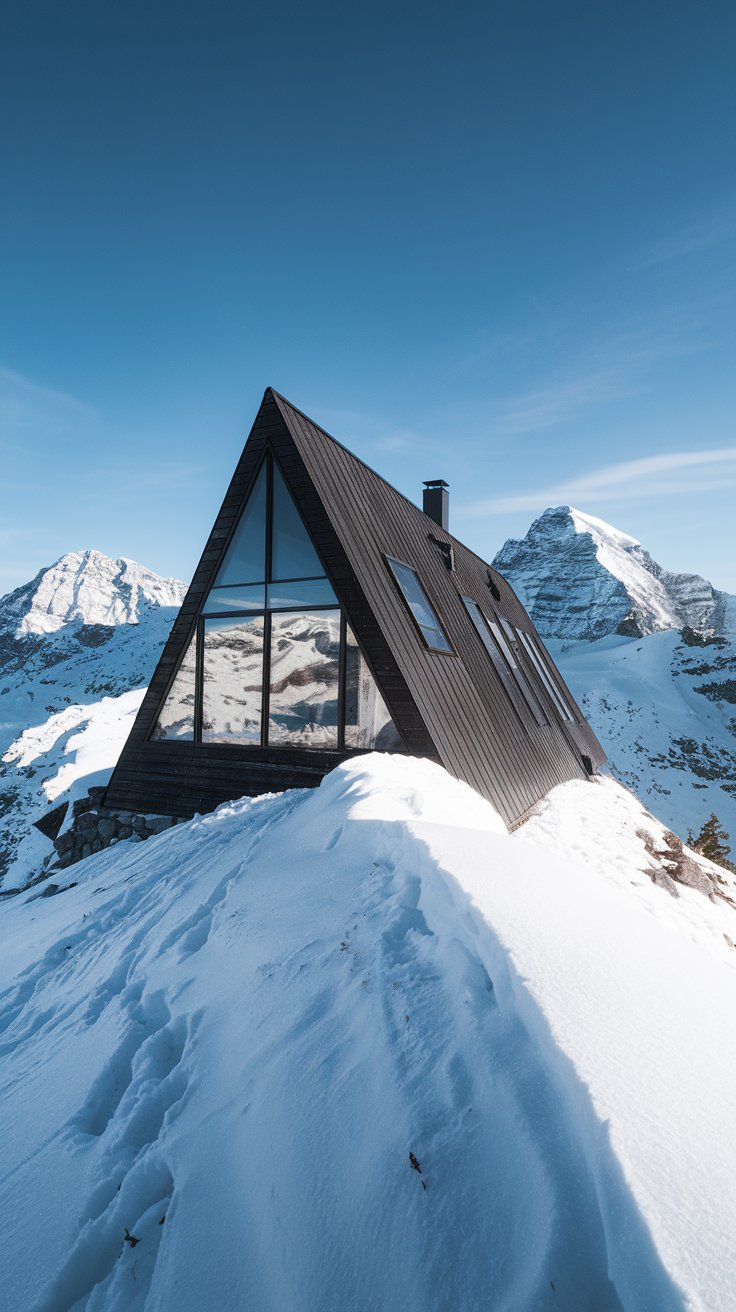 a minimalist triangle house nestled high in a snow-capped mountain range. The house is sleek and modern, with dark wood siding and large windows angled to capture the panoramic mountain views