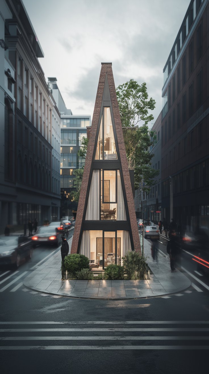 A stylish, modern triangle townhouse nestled in a bustling city street. The house is tall and narrow, with a brick and glass facade