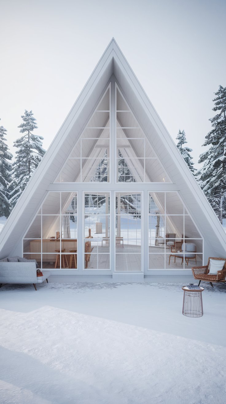 A bright and airy Scandinavian-style triangle house in a snowy landscape. The house is painted a light grey with white trim and features large, clean-lined windows