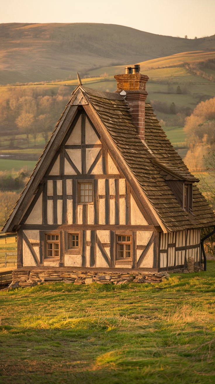 A charming rustic triangle house built with heavy timber framing and stone accents. The house is set in a rural landscape with rolling hills and green fields