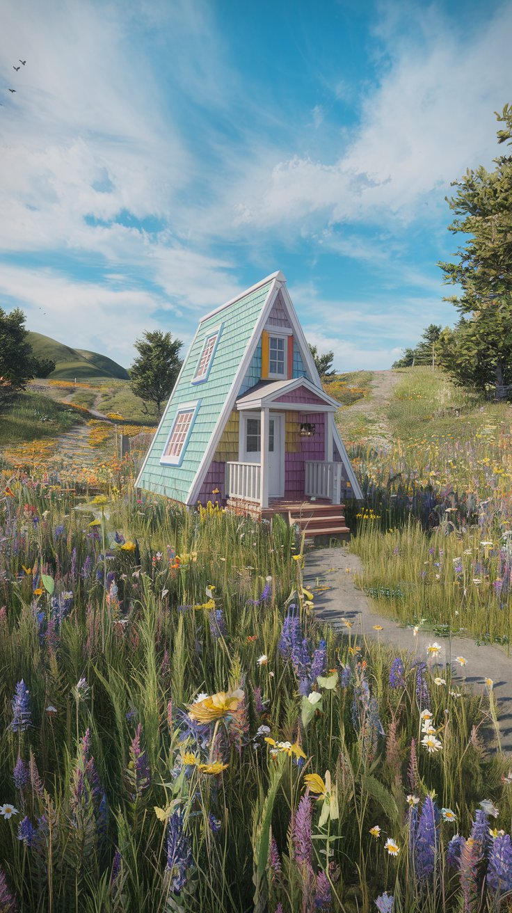 An adorable tiny triangle house nestled in a wildflower meadow. The house is small and compact, with colorful siding and a cute front porch.