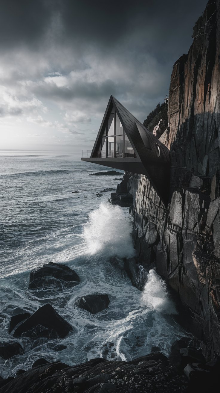 a triangle house cantilevered over a steep cliff overlooking the ocean. Waves crash against the rocks below, and the house appears to defy gravity.