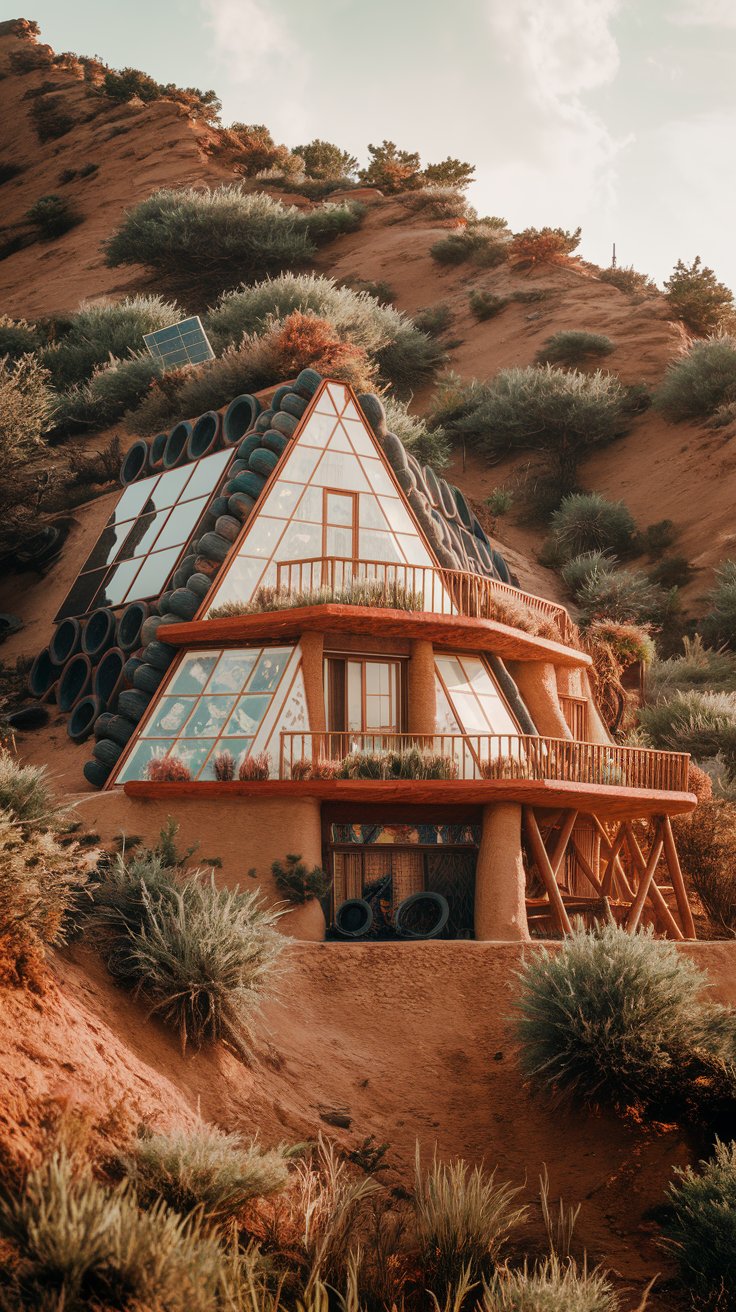 An eco-friendly triangle earthship home built into a hillside. The house is made of natural materials like earth, recycled tires, and glass bottles. Vegetation grows on the roof, and solar panels are visible.