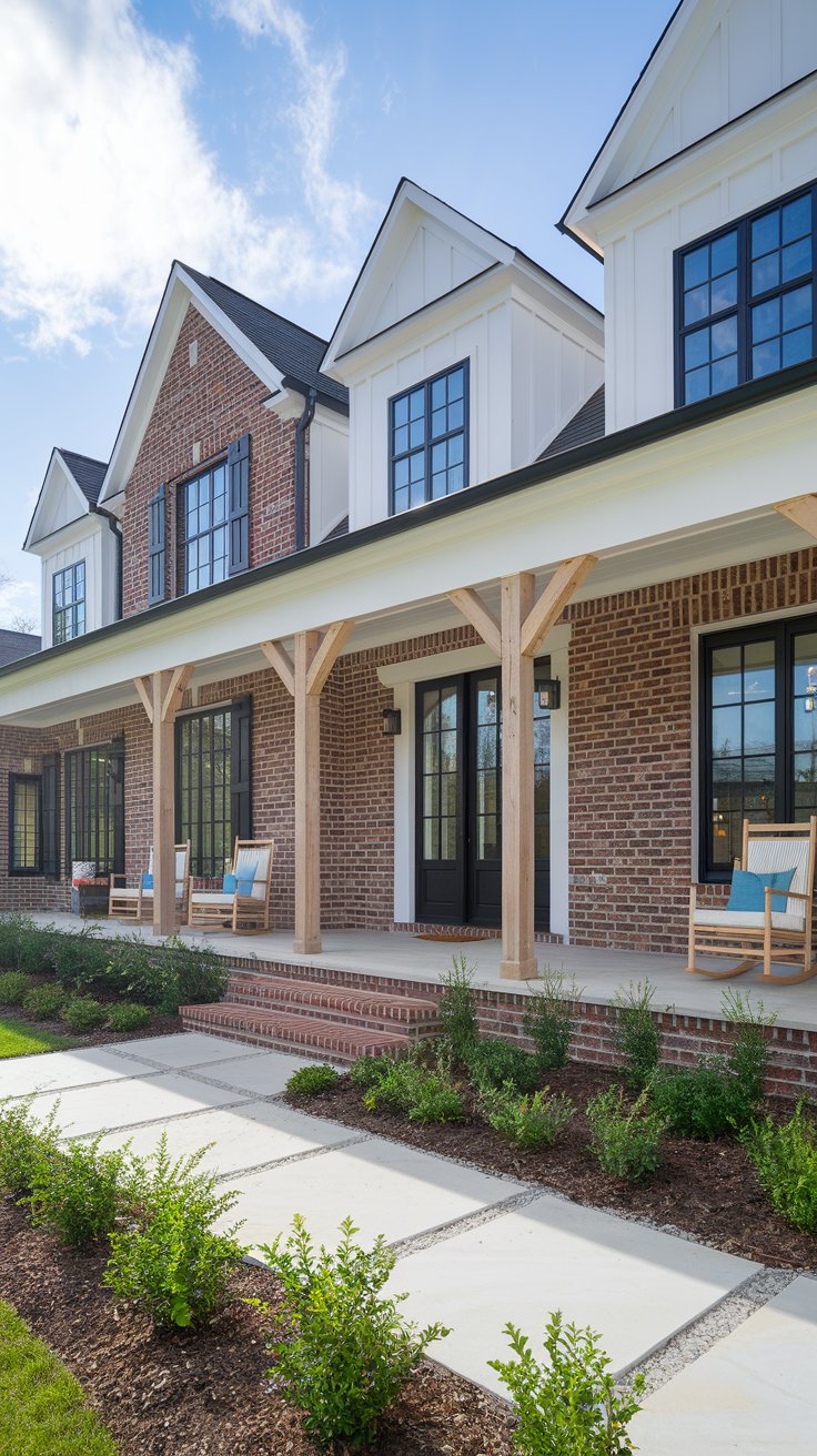 A stunning, eye-level, daytime exterior shot of a modern farmhouse style brick house. The house features classic red brick with white board and batten siding on the upper levels and gables.