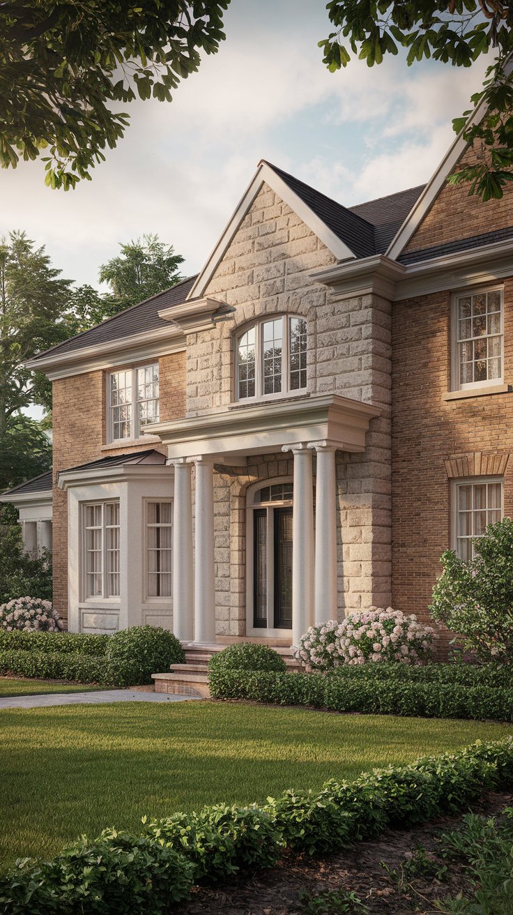 A beautiful, slightly elevated, daytime exterior view of a traditional style brick house with stone accents. The house is built with warm, earthy-toned bricks and features natural stone around the entryway and foundation.