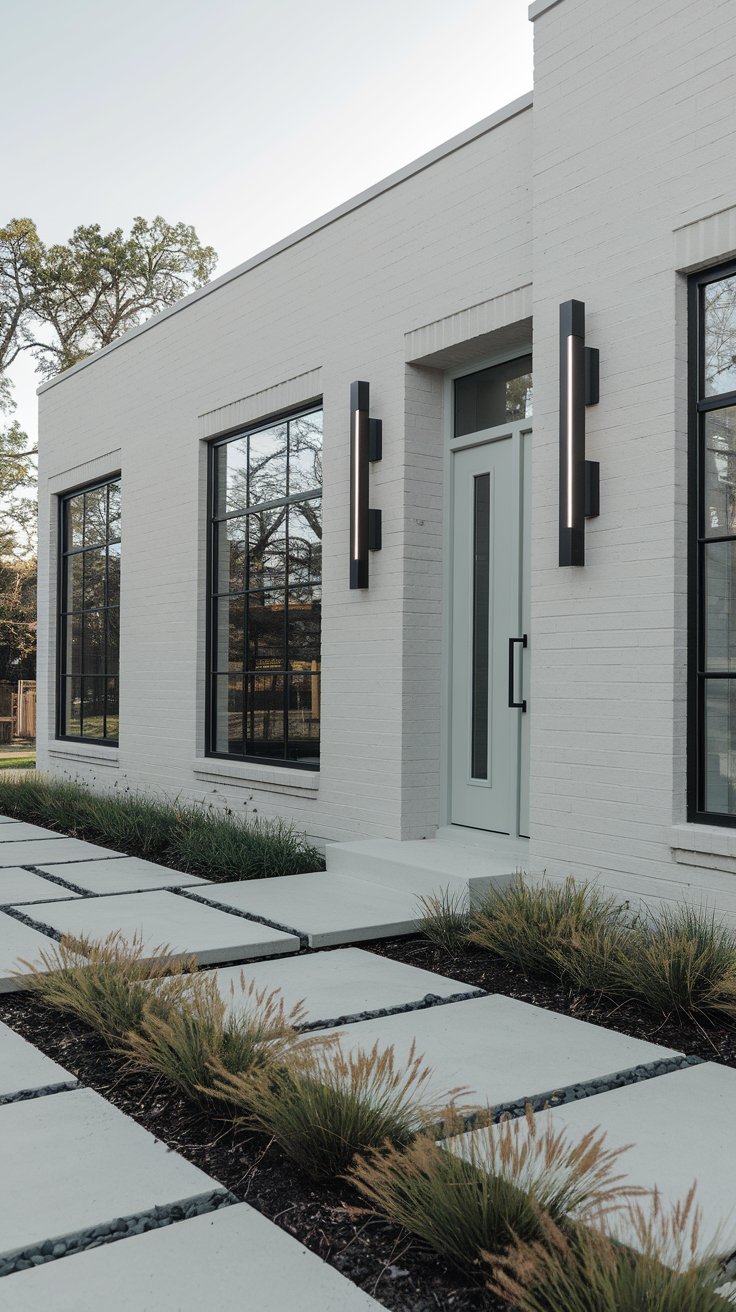A stylish, ground-level, daytime exterior shot of a modern brick house with painted brick. The brick is painted in a chic, soft grey color, providing a smooth, contemporary look. Minimalist landscaping features ornamental grasses and clean lines.