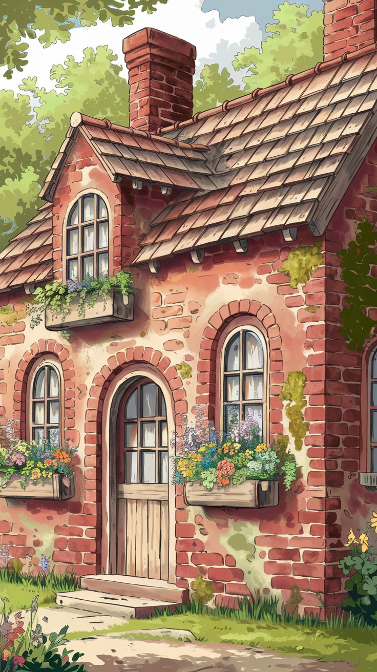 A whimsical, slightly low-angle, daytime exterior view of a rustic brick cottage. The cottage features weathered, multi-toned bricks in reds, browns, and hints of green moss.