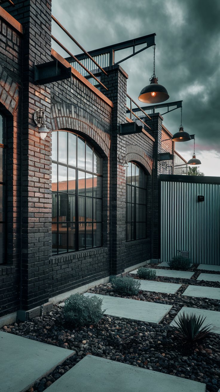 A striking, straight-on, daytime exterior shot of an industrial style brick house with exposed brick and metal accents. The house features dark charcoal-colored brick with visible mortar joints.