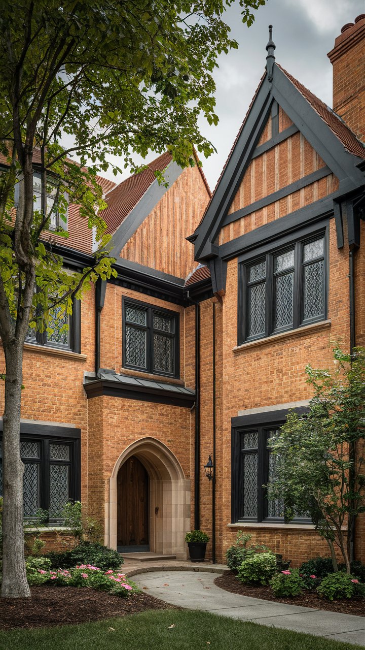 A majestic, eye-level, daytime exterior shot of an elegant Tudor style brick house with dark wood trim. The house features rich, warm-toned bricks and prominent dark wood trim, including decorative half-timbering on the upper levels.