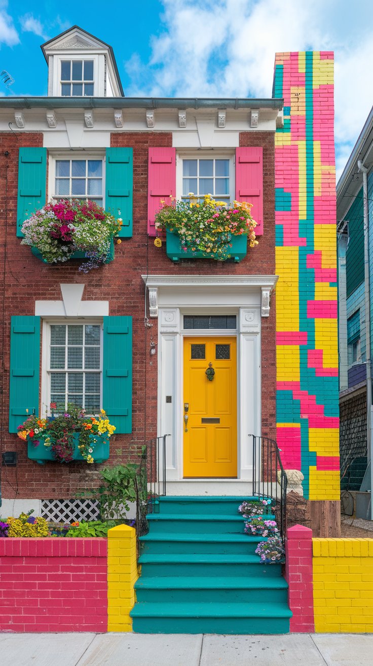 A vibrant, ground-level, daytime exterior shot of an eclectic brick house with bold color pops. The house features classic red brick as a base, but incorporates a vibrant sunshine yellow front door.