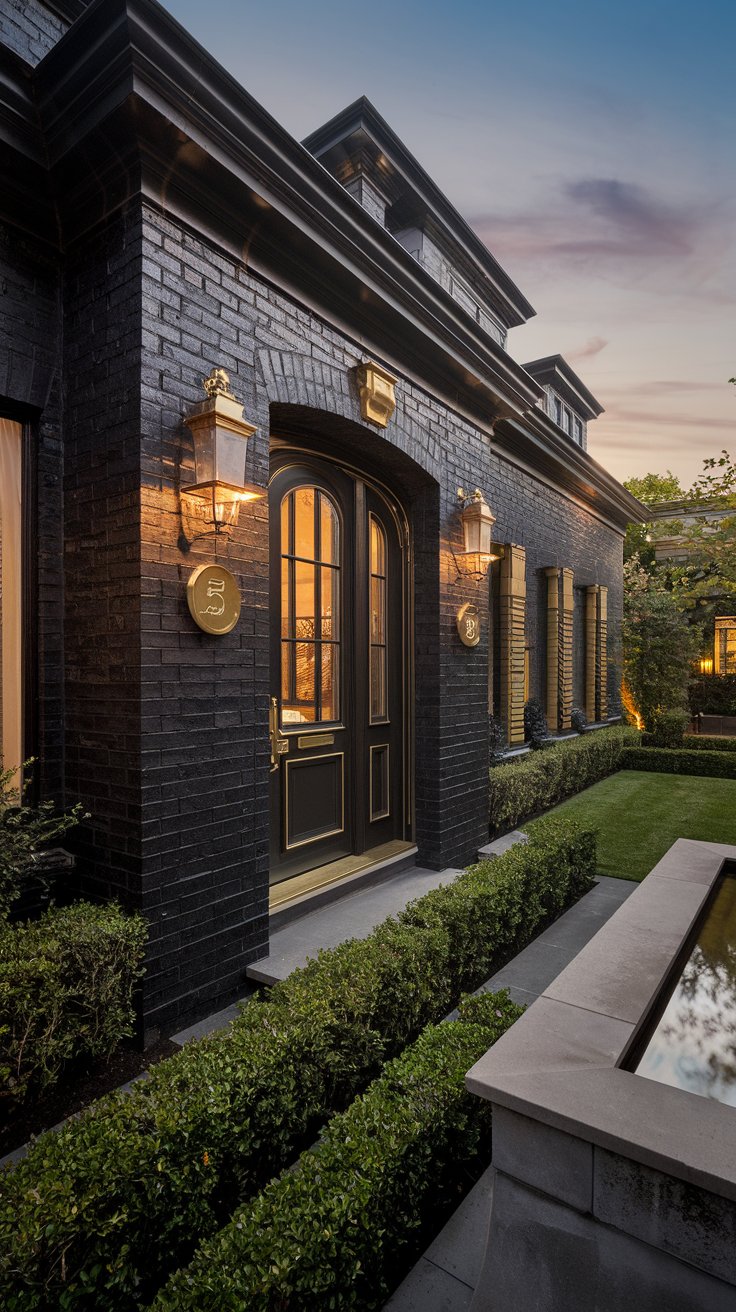 A luxurious, slightly elevated, twilight exterior view of a dark brick house with gold accents. The house is built with deep charcoal-colored brick, creating a dramatic and sophisticated base. Metallic gold light fixtures and house numbers provide elegant accents.