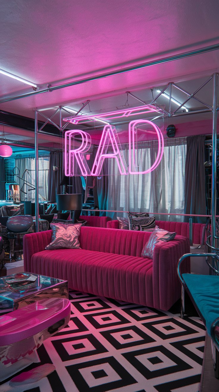 A vibrant 1980s living room, bathed in neon pink and electric blue light, a large neon sign with the word 'RAD' hanging above a plush velvet sofa, geometric patterned rug in black and white, chrome accents