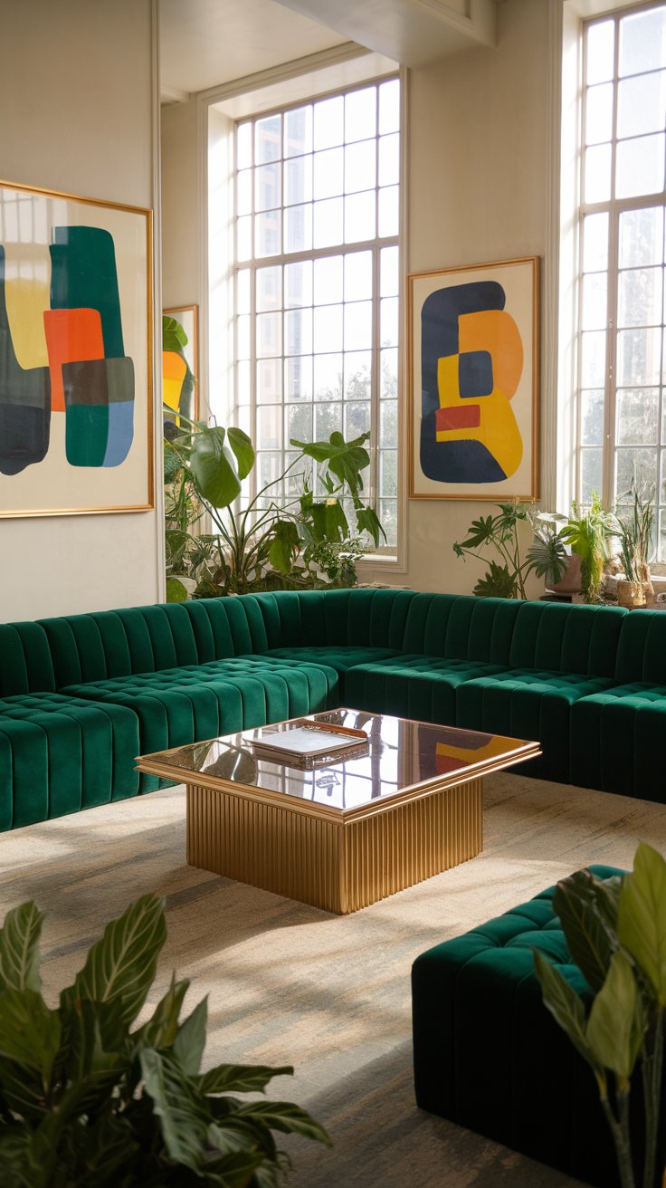 A luxurious 1980s living room, dominated by a deep emerald green velvet sectional sofa, gold-toned coffee table with a glass top, abstract art on the walls with bold colors, soft natural light from large windows, indoor plants