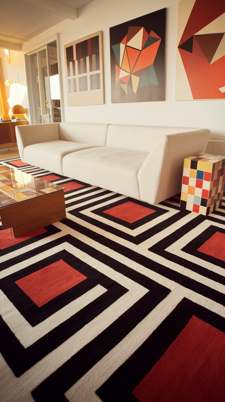 A playful 1980s living room with a bold geometric patterned rug in black, white, and red, a white angular sofa, Memphis style side table with colorful blocks