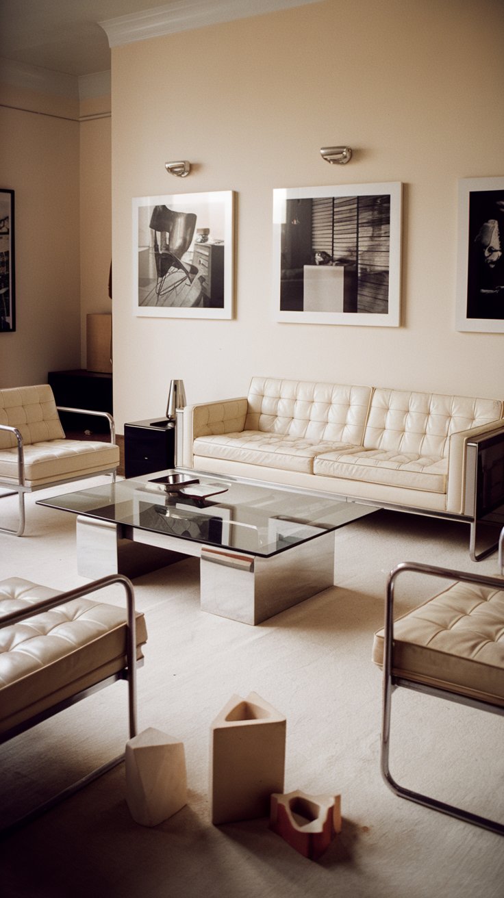 A chic 1980s living room with chrome accents, a chrome and glass coffee table as the centerpiece, a white leather sofa, black and white photography on the walls