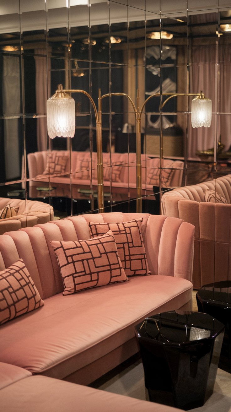 An elegant 1980s living room with Art Deco influences, a mirrored wall reflecting a plush blush pink sofa, geometric patterned cushions, a brass floor lamp with a frosted glass shade, black lacquer side tables