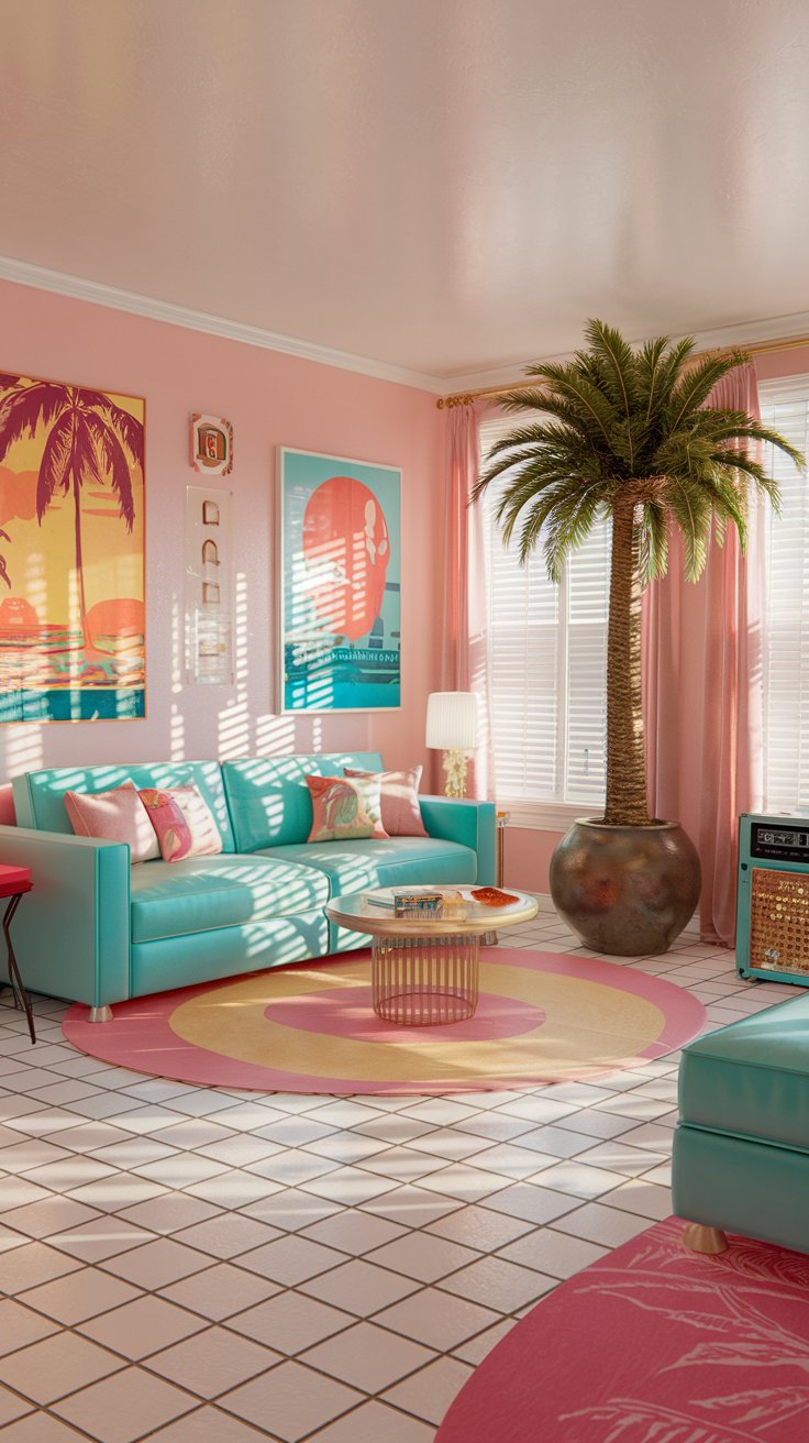 A vibrant 1980s Miami Vice inspired living room, pastel pink walls, a turquoise sofa, white ceramic tile floor, palm tree in a large pot, artwork featuring flamingos and sunsets, bright sunlight streaming through window blinds