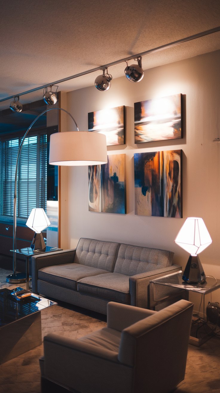 A stylish 1980s living room with statement lighting, an arc floor lamp with a chrome base and a large white shade, a pair of geometric table lamps on side tables, track lighting illuminating abstract paintings on the wall