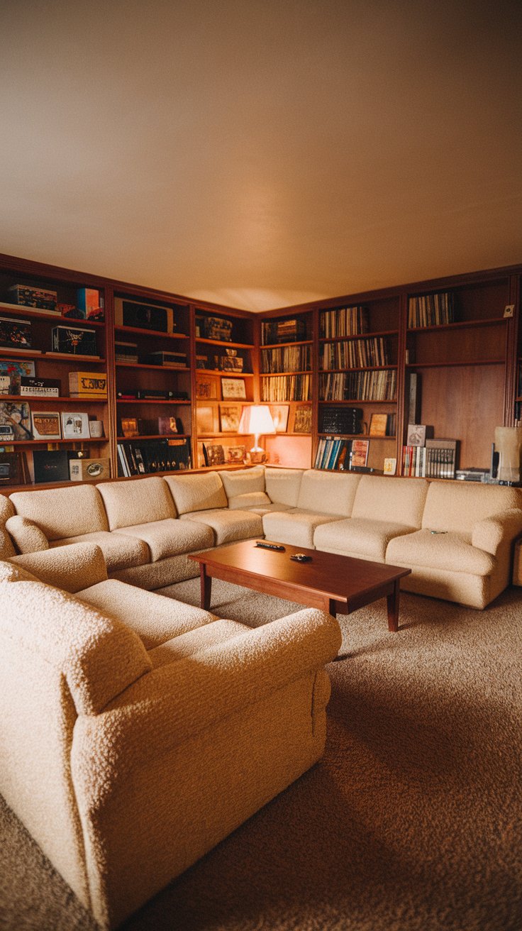 A cozy 1980s living room with wall-to-wall shag carpeting in a beige color, a large sectional sofa in a cream boucle fabric, a wooden coffee table, warm lighting from a table lamp, bookshelves filled with books and records