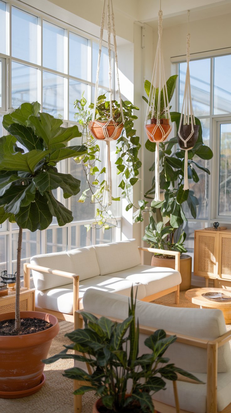 A bright and airy 1980s living room filled with indoor plants, a large fiddle leaf fig tree in a terracotta pot, hanging macrame planters with trailing vines, a white sofa, natural wood furniture