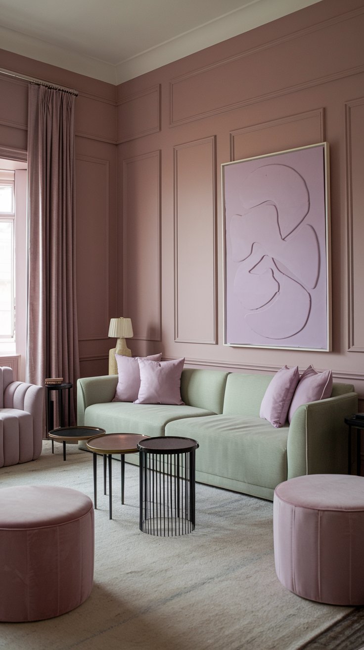 A soft and stylish 1980s living room with pastel colors, dusty rose walls, a seafoam green sofa, lavender accents in cushions and artwork, black metal side tables