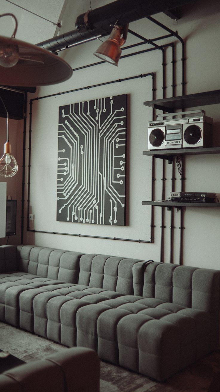 A modern 1980s living room with tech-inspired decor, exposed wires as a design feature, artwork with circuit board patterns, a vintage boombox on a shelf, a grey modular sofa
