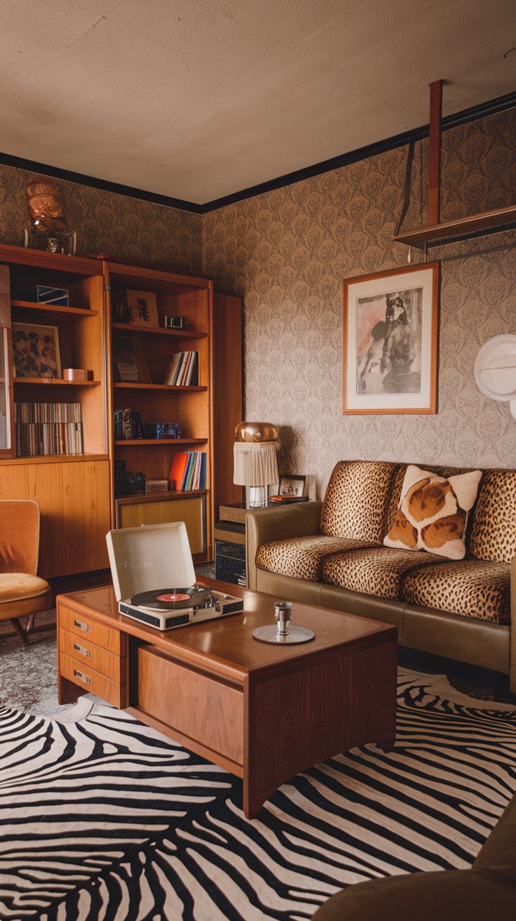 An eclectic 1980s living room with animal print accents, a zebra print rug, leopard print cushions on a neutral sofa, a vintage record player, warm wood furniture