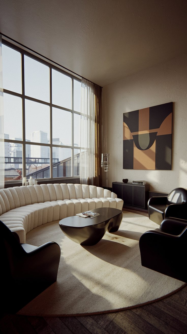 A contemporary 1980s living room with sculptural furniture, a curved white sofa, angular black armchairs, a biomorphic shaped coffee table, minimalist artwork, large windows with city views