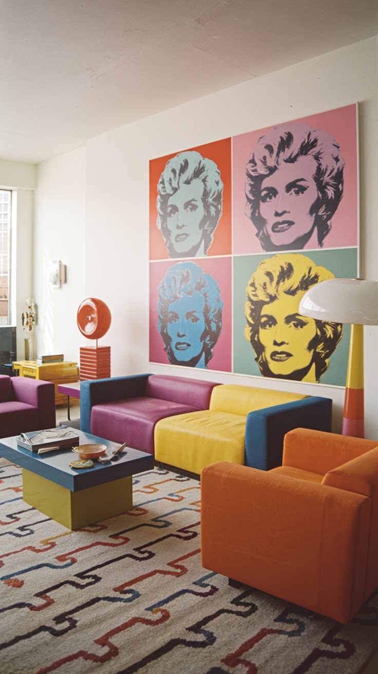 A vibrant 1980s living room with Pop Art influences, a large Warhol-inspired print on the wall, colorful blocky furniture, primary colors dominating the palette, playful accessories