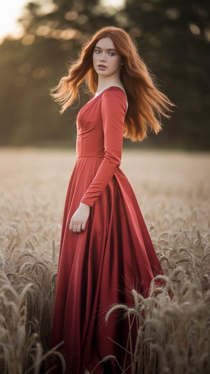 a woman in a red dress in a wheat field would be inserted here