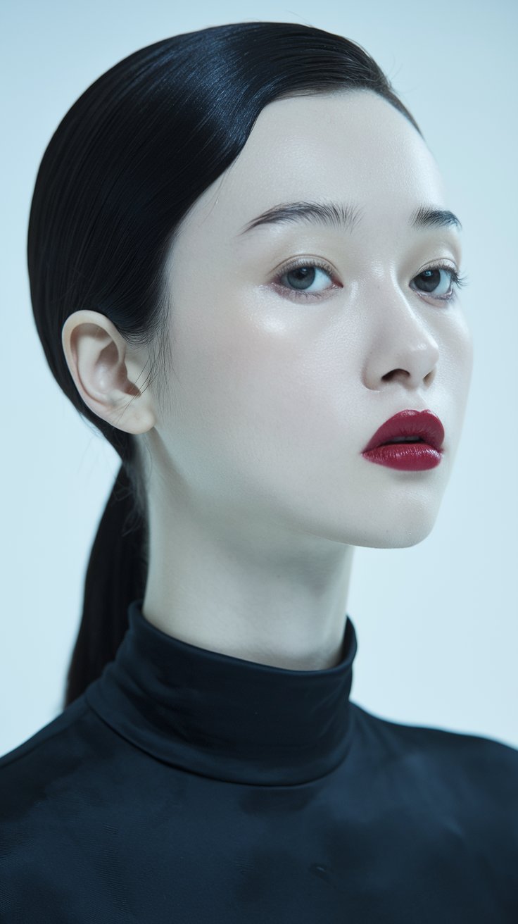 a woman with red lipstick and minimalist style would be inserted here