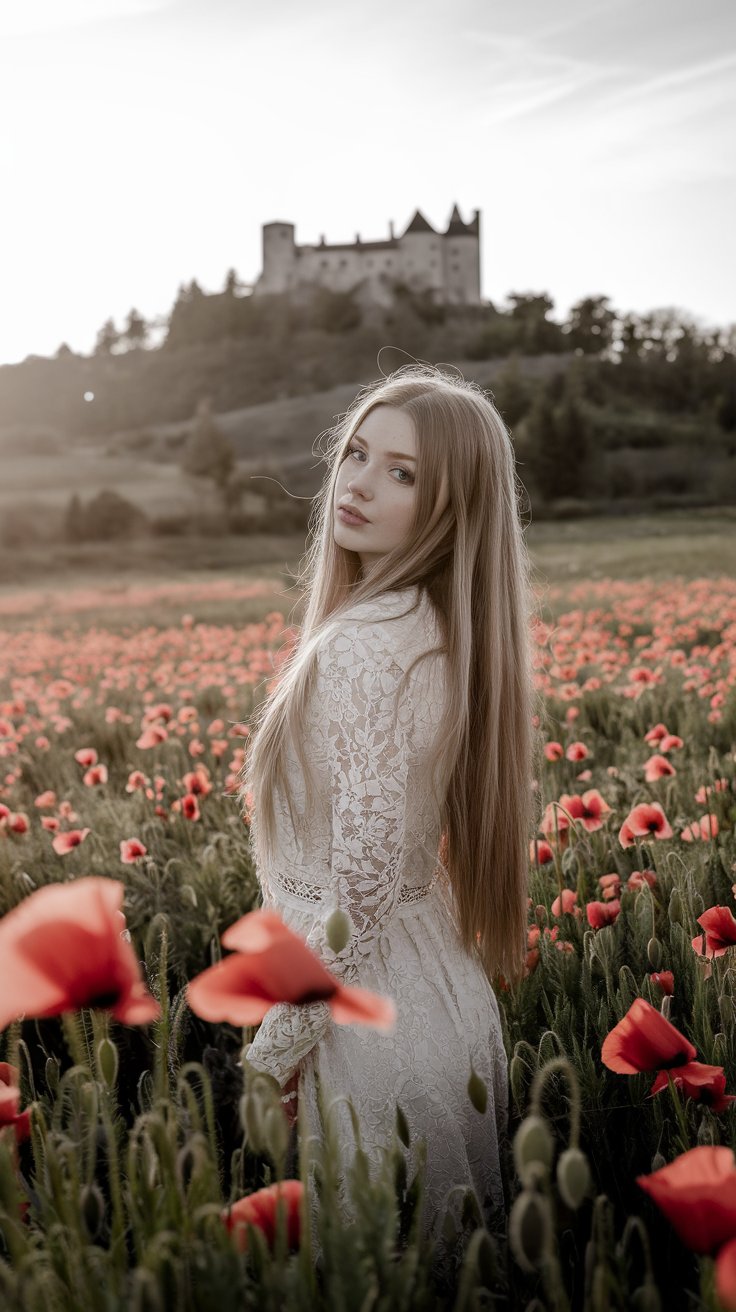 a woman in a field of red poppies would be inserted here