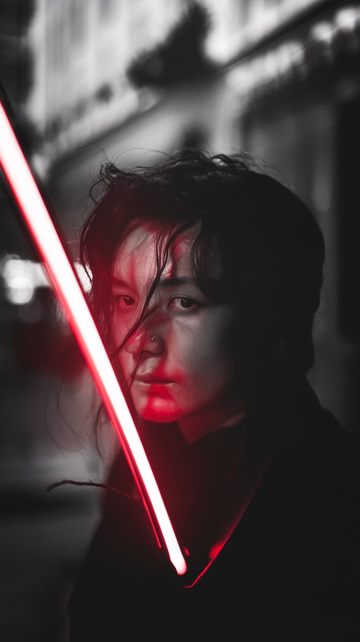 red lighting and shadows portrait would be inserted here