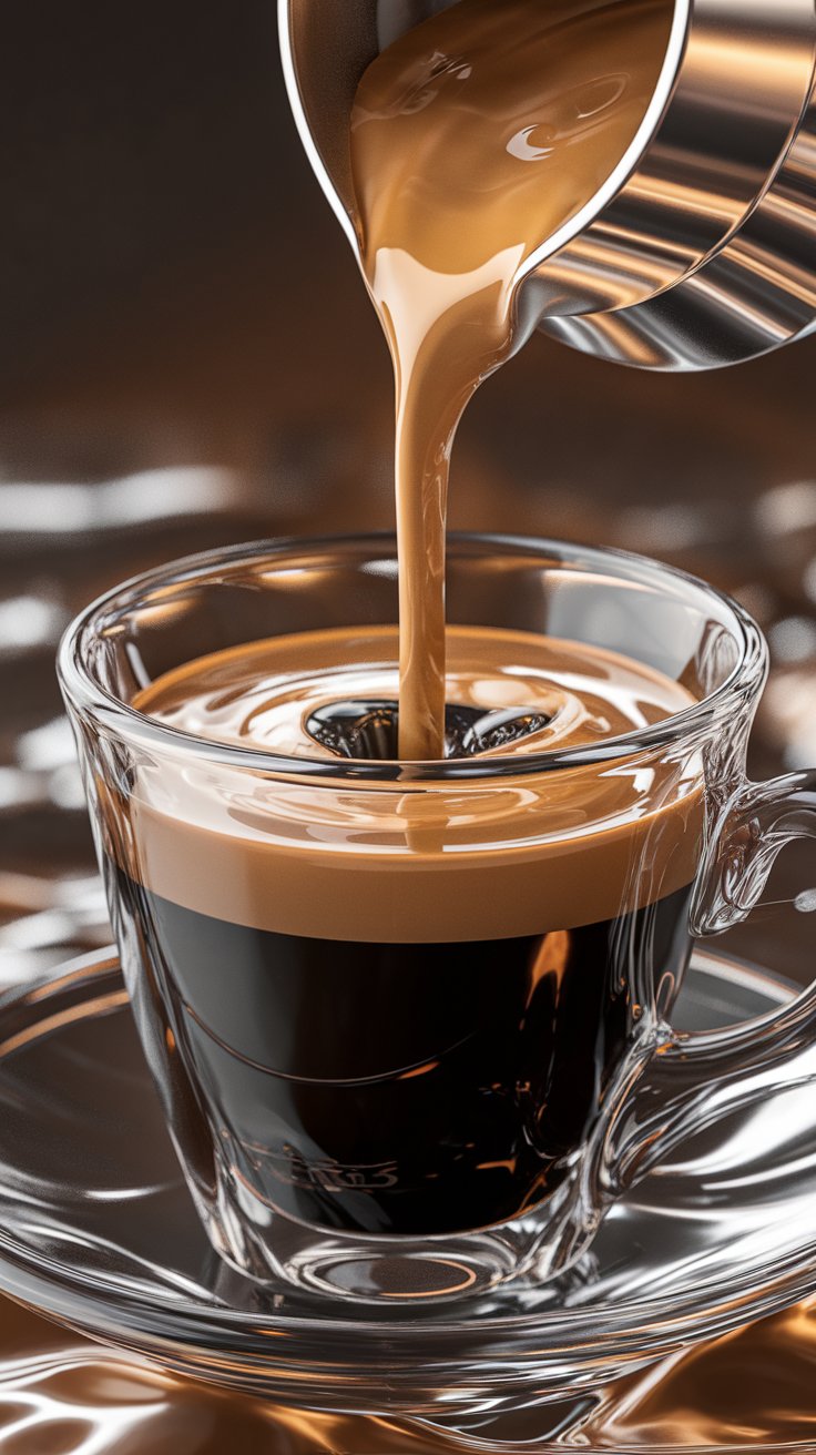 a perfect shot of espresso pouring into a delicate glass cup, crema shimmering with golden highlights