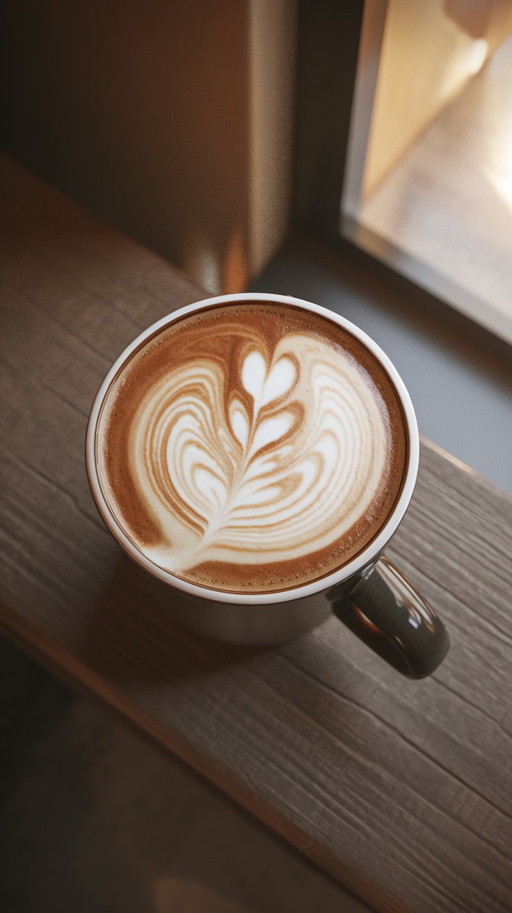 latte art in a ceramic mug, a delicate rosetta pattern swirling in creamy white foam against dark coffee