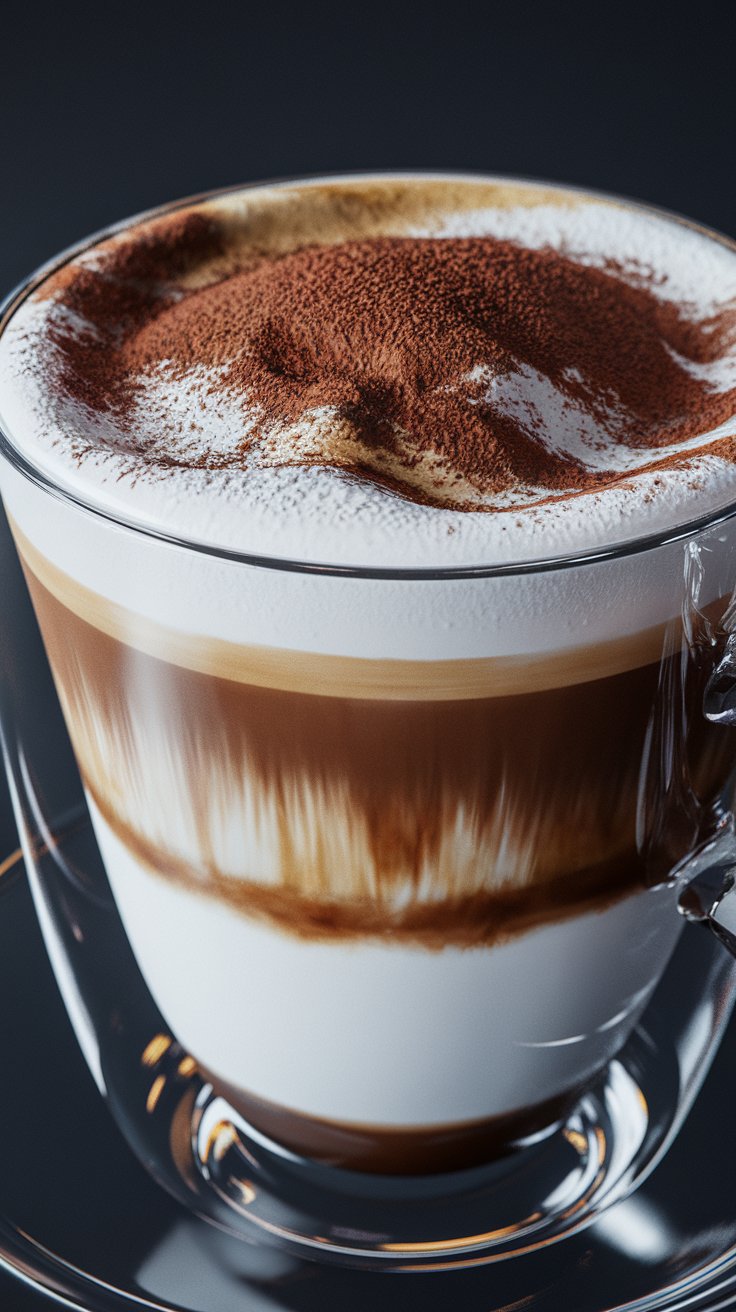 cappuccino in a clear glass cup, distinct layers of espresso, steamed milk, and thick milk froth, sprinkled with cocoa powder