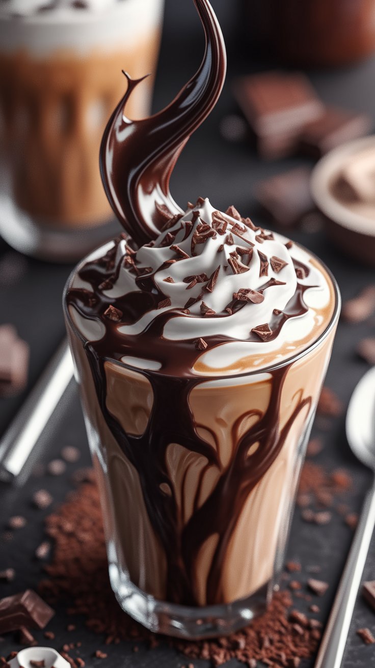 mocha swirling in a glass, ribbons of dark chocolate syrup blending with rich coffee and milk, topped with a dollop of whipped cream and chocolate shavings
