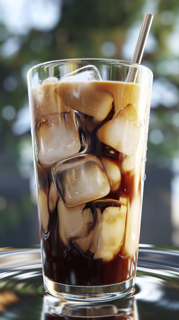 iced coffee in a tall glass with condensation droplets, coffee swirling with ice cubes, light reflecting off the glass