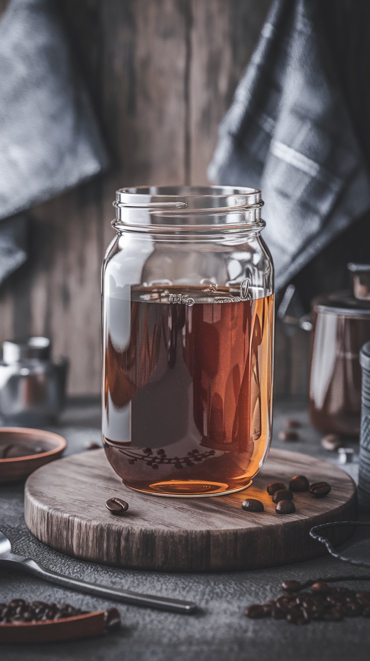 artistic still life, cold brew coffee steeping in a glass jar, coarse coffee grounds suspended in water