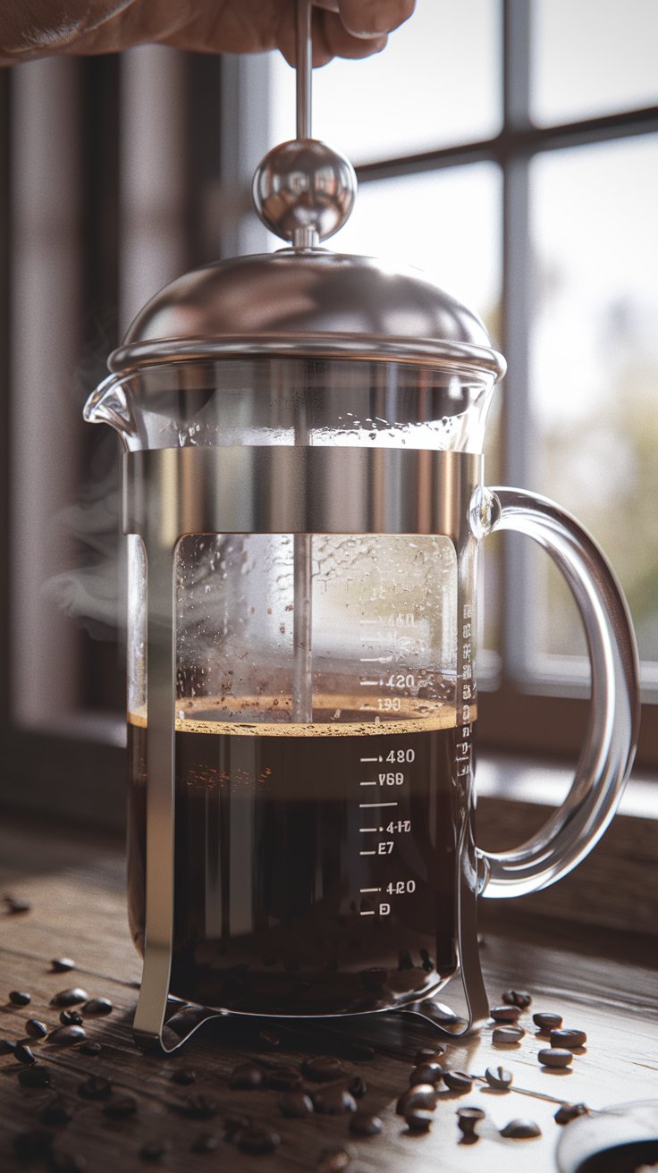 French press plunger pressing down on coffee grounds in a glass beaker, dark coffee extracting